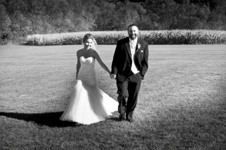 Bride and groom walking at Lingrow Farm wedding, Pittsburgh.