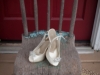 Bride\'s shoes on chair at Lingrow Farm wedding, Pittsburgh.
