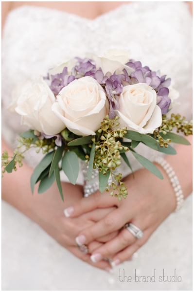 The bride\'s hydrangea, rose, and eucalyptus bouquet a Sheraton Station Square, Pittsburgh wedding.