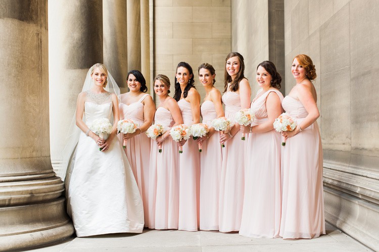 Omni Willian Penn Pittsburgh Wedding Bride and Bridesmaids in Pink Dresses