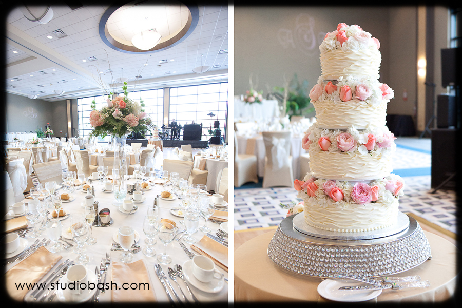 Power Center Ballroom Wedding Reception - Glass Vase Centerpieces with Blush Roses