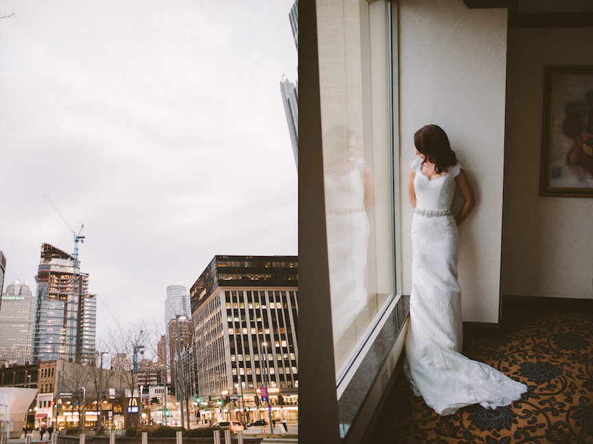 Wyndham Grand Pittsburgh Wedding - A-Line Lace Bridal Gown and Cityscape