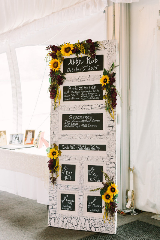 Wisp Resort McHenry MD Fall Wedding Decor Program with Sunflowers Chalkboard