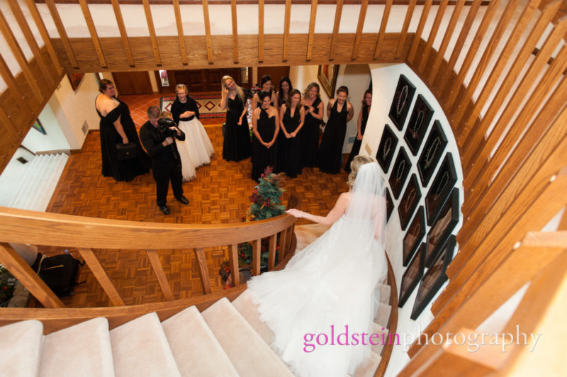 Bride walks down steps to meet Bridesmaids before Pittsburgh Wedding