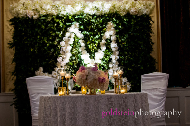 Wedding Sweetheart Table Flower Monogram backdrop by Mocha Rose on lace tablecloth